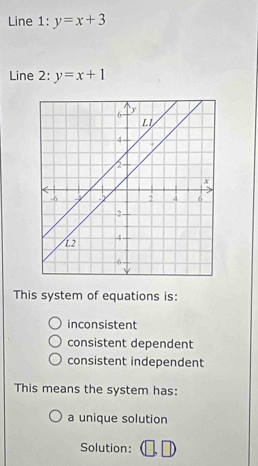 Line 1: y=x+3
Line 2: y=x+1
This system of equations is:
inconsistent
consistent dependent
consistent independent
This means the system has:
a unique solution
Solution: