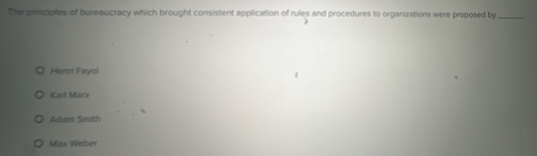 The principles of bureaucracy which brought consistent application of rules and procedures to organizations were proposed by_
Hendi Fayol
Karl Marx
Adam Smith
Max Weber