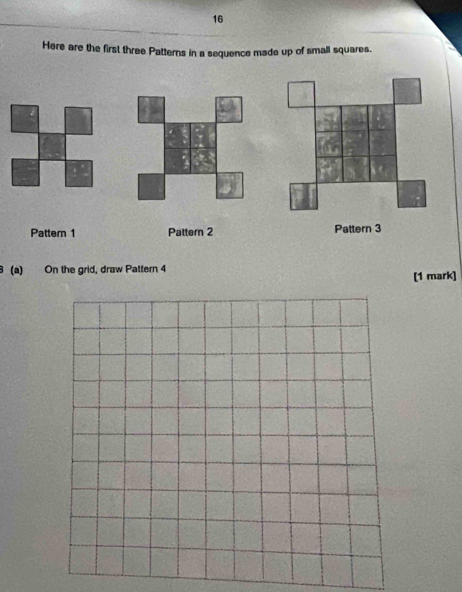 Here are the first three Patterns in a sequence made up of small squares. 
Pattern 1 Paltern 2 Pattern 3
8 (a) On the grid, draw Pattern 4
[1 mark]