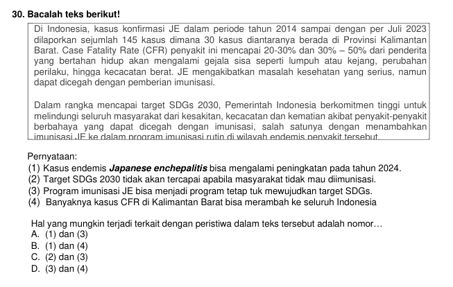 Bacalah teks berikut!
Di Indonesia, kasus konfirmasi JE dalam periode tahun 2014 sampai dengan per Juli 2023
dilaporkan sejumlah 145 kasus dimana 30 kasus diantaranya berada di Provinsi Kalimantan
Barat. Case Fatality Rate (CFR) penyakit ini mencapai 20-30% dan 30% - 50% dari penderita
yang bertahan hidup akan mengalami gejala sisa seperti lumpuh atau kejang, perubahan
perilaku, hingga kecacatan berat. JE mengakibatkan masalah kesehatan yang serius, namun
dapat dicegah dengan pemberian imunisasi.
Dalam rangka mencapai target SDGs 2030, Pemerintah Indonesia berkomitmen tinggi untuk
melindungi seluruh masyarakat dari kesakitan, kecacatan dan kematian akibat penyakit-penyakit
berbahaya yang dapat dicegah dengan imunisasi, salah satunya dengan menambahkan
imunisaşi JE ke dalam program imunisasi rutin di wilavaḥ endemis penvakit tersebut
Pernyataan:
(1) Kasus endemis Japanese enchepalitis bisa mengalami peningkatan pada tahun 2024.
(2) Target SDGs 2030 tidak akan tercapai apabila masyarakat tidak mau diimunisasi.
(3) Program imunisasi JE bisa menjadi program tetap tuk mewujudkan target SDGs.
(4) Banyaknya kasus CFR di Kalimantan Barat bisa merambah ke seluruh Indonesia
Hal yang mungkin terjadi terkait dengan peristiwa dalam teks tersebut adalah nomor...
A. (1) dan (3)
B. (1) dan (4)
C. (2) dan (3)
D. (3) dan (4)