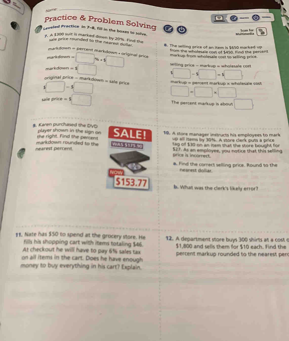 Name Practice & Problem Solving Scan for Leveled Practice In 7-8, fill ...