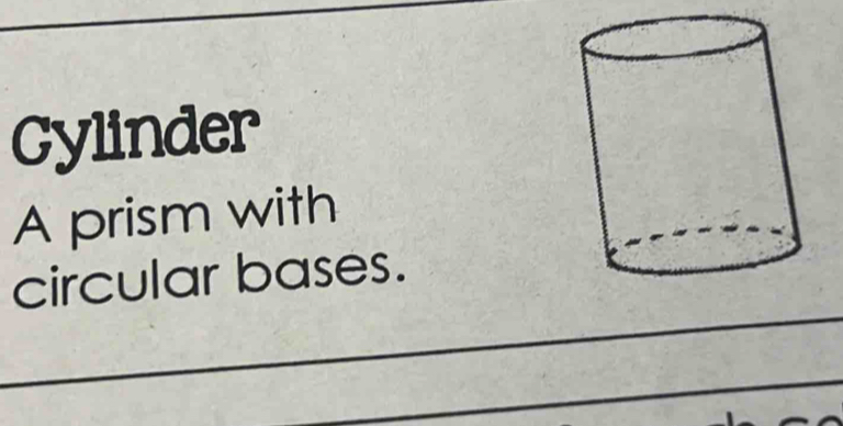 Cylinder 
A prism with 
_ 
circular bases. 
_ 
_