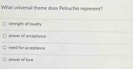 What universal theme does Petruchio represent?
strength of loyalty
power of acceptance
need for acceptance
power of love