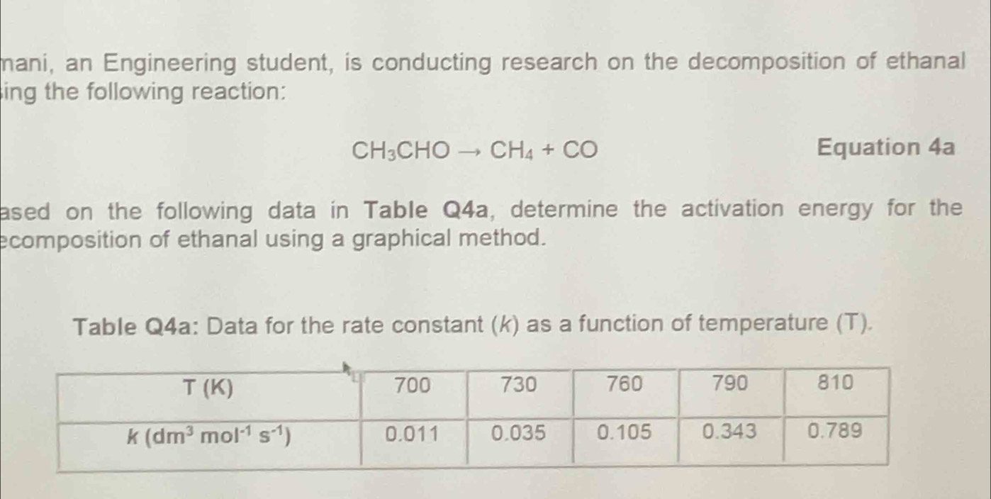 mani, an Engineering student, is conducting research on the decomposition of ethanal
ing the following reaction:
CH_3CHOto CH_4+CO Equation 4a
ased on the following data in Table Q4a, determine the activation energy for the
ecomposition of ethanal using a graphical method.
Table Q4a: Data for the rate constant (k) as a function of temperature (T).