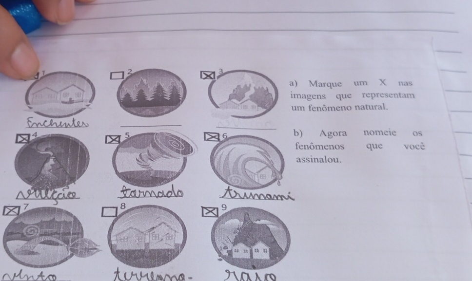 Marque um X nas 
imagens que representam 
um fenômeno natural. 
_ 
_ 
4 
5 
6 
b) Agora nomeie os 
fenômenos que você 
assinalou. 
a 
_ 
_ 
_ 
7 
8 
9 
án a 
cp st “ u