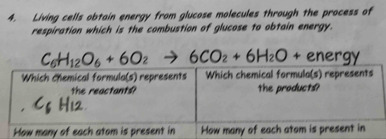 Living cells obtain energy from glucose molecules through the process of 
respiration which is the combustion of glucose to obtain energy.
C_6H_12O_6+6O_2to 6CO_2+6H_2O+energy
Which chemical formula(s) represents Which chemical formula(s) represents 
the reactants? the products? 
How many of each atom is present in How many of each atom is present in