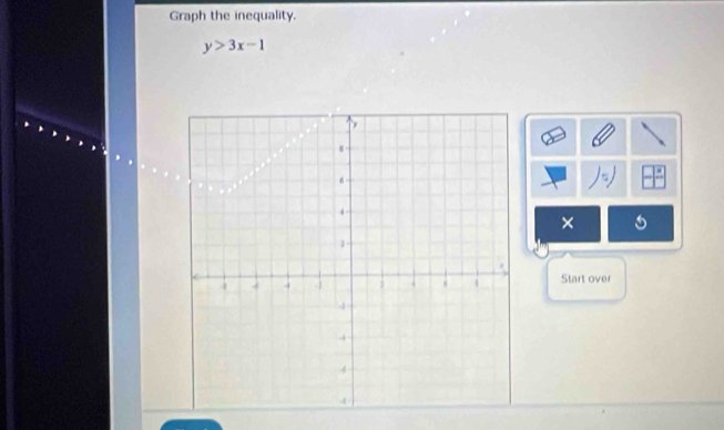 Graph the inequality.
y>3x-1
/3) 
× 
Start over