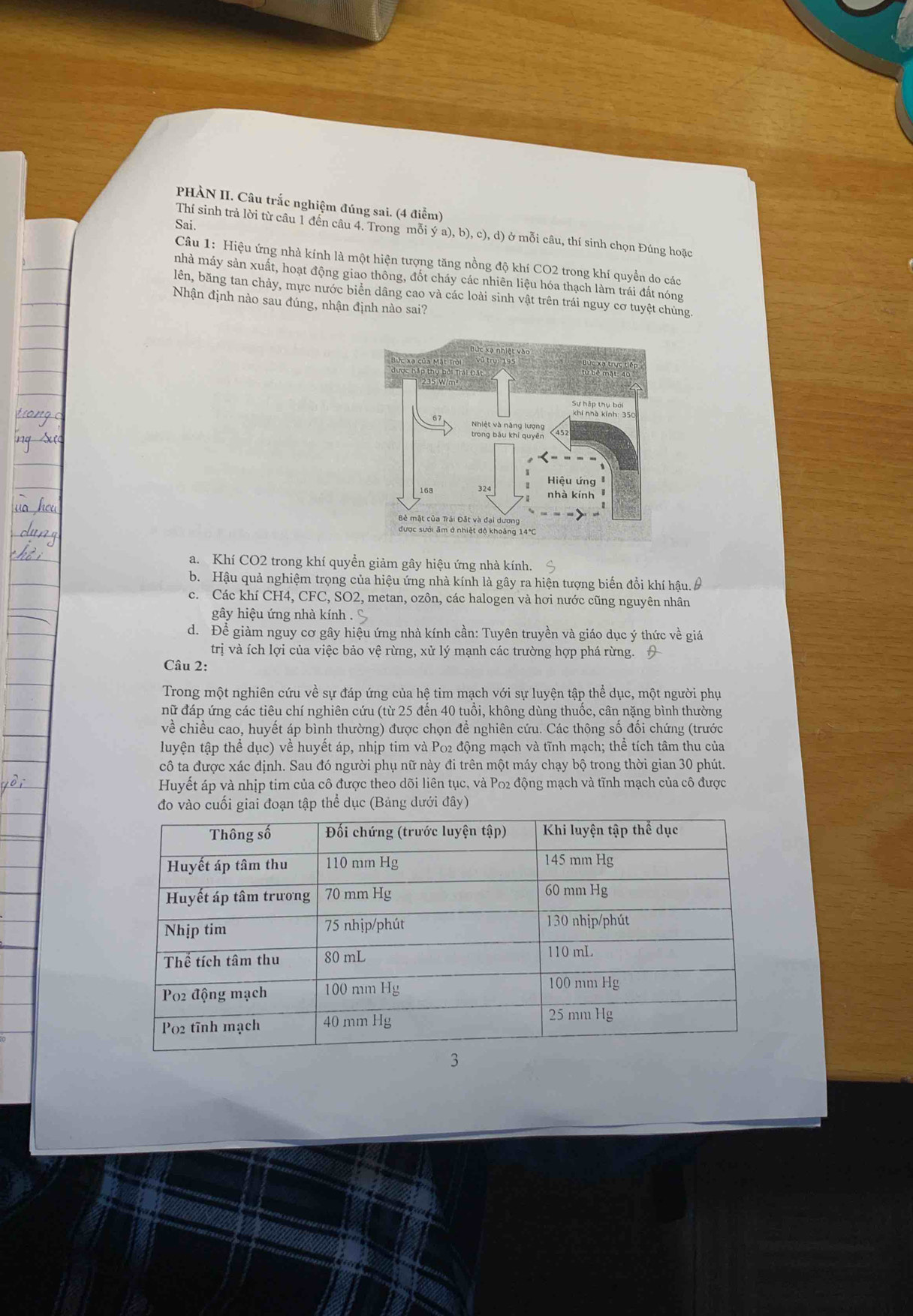 PHÀN II. Câu trắc nghiệm đúng sai. (4 điểm)
Sai.
Thí sinh trả lời từ câu 1 đến câu 4. Trong mỗi (ya),b), c), d) ở mỗi câu, thí sinh chọn Đúng hoặc
Câu 1: Hiệu ứng nhà kính là một hiện tượng tăng nồng độ khí CO2 trong khí quyền do các
nhà máy sản xuất, hoạt động giao thống, đốt cháy các nhiên liệu hóa thạch làm trái đất nóng
lên, băng tan chảy, mực nước biển dâng cao và các loài sinh vật trên trái nguy cơ tuyệt chủng
Nhận định nào sau đúng, nhận định nào sai?
a. Khí CO2 trong khí quyền giảm gây hiệu ứng nhà kính.
b. Hậu quả nghiệm trọng của hiệu ứng nhà kính là gây ra hiện tượng biến đổi khí hậu.
c. Các khí CH4, CFC, SO2, metan, ozôn, các halogen và hơi nước cũng nguyên nhân
gây hiệu ứng nhà kính .
d. Để giàm nguy cơ gây hiệu ứng nhà kính cần: Tuyên truyền và giáo dục ý thức về giá
trị và ích lợi của việc bảo vệ rừng, xử lý mạnh các trường hợp phá rừng.
Câu 2:
Trong một nghiên cứu về sự đáp ứng của hệ tim mạch với sự luyện tập thể dục, một người phụ
nữ đáp ứng các tiêu chí nghiên cứu (từ 25 đến 40 tuổi, không dùng thuốc, cân nặng bình thường
về chiều cao, huyết áp bình thường) được chọn để nghiên cứu. Các thông số đối chứng (trước
luyện tập thể dục) về huyết áp, nhịp tim và Po2 động mạch và tĩnh mạch; thể tích tâm thu của
cô ta được xác định. Sau đó người phụ nữ này đi trên một máy chạy bộ trong thời gian 30 phút.
Huyết áp và nhịp tim của cô được theo dõi liên tục, và Po2 động mạch và tĩnh mạch của cô được
đo vào cuối giai đoạn tập thể dục (Bảng dưới đây)