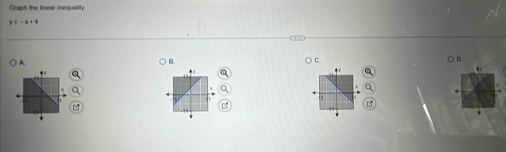 Graph the linear inequality
y≤ -x+4
A. 
B. 
C. 
D.