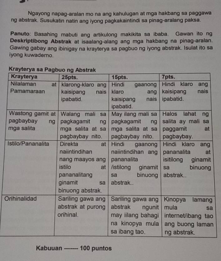 Ngayong napag-aralan mo na ang kahulugan at mga hakbang sa paggawa 
ng abstrak. Susukatin natin ang iyong pagkakaintindi sa pinag-aralang paksa. 
Panuto: Basahing mabuti ang artikulong makikita sa ibaba. Gawan ito ng 
Deskriptibong Abstrak at isaalang-alang ang mga hakbang na pinag-aralan. 
Gawing gabay ang ibinigay na krayterya sa pagbuo ng iyong abstrak. Isulat ito sa 
iyong kuwademo. 
p 
m 
I 
Org 
a 
o 
n 
Kabuuan _100 puntos