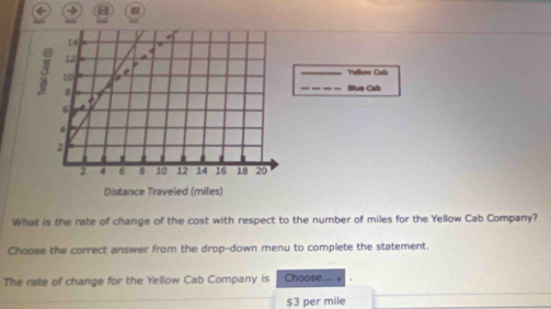 ← → a
Vulluer Cafo
Bue Cab
What is the rate of change of the cost with respect to the number of miles for the Yellow Cab Company?
Choose the correct answer from the drop-down menu to complete the statement.
The rate of change for the Yellow Cab Company is Choose... v
$3 per mile