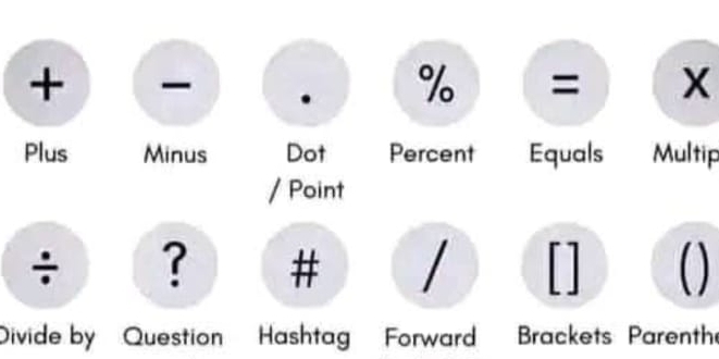 +
% = X
Plus Minus Dot Percent Equals Multip 
/ Point 
÷ ? # / [] 
Divide by Question Hashtag Forward Brackets Parenth