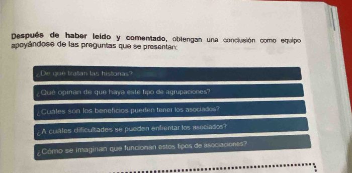 Después de haber leído y comentado, obtengan una conclusión como equipo 
apoyándose de las preguntas que se presentan: 
¿De qué tratan las histonas? 
¿Qué opinan de que haya este tipo de agrupaciones? 
¿Cuáles son los beneficios pueden tener los asociados? 
¿A cuales dificultades se pueden enfrentar los asociados? 
¿Cómo se imaginan que funcionan estos tipos de asociaciones?