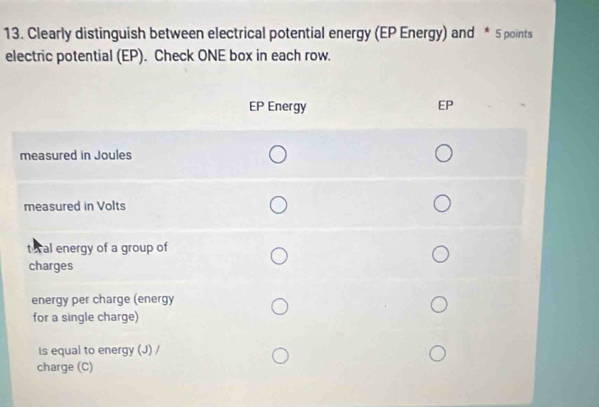 Clearly distinguish between electrical potential energy (EP Energy) and * 5 points 
electric potential (EP). Check ONE box in each row. 
EP Energy EP 
measured in Joules 
measured in Volts 
to al energy of a group of 
charges 
energy per charge (energy 
for a single charge) 
Is equal to energy (J) / 
charge (C)