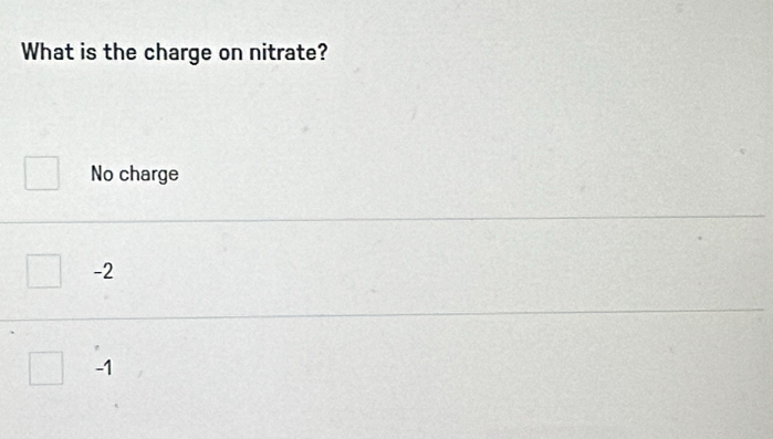 What is the charge on nitrate?
No charge
-2
-1