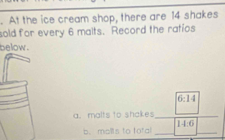 At the ice cream shop, there are 14 shakes 
sold for every 6 malts. Record the ratios 
below.
6:14
a. malts to shakes
14:6
b.malls to total