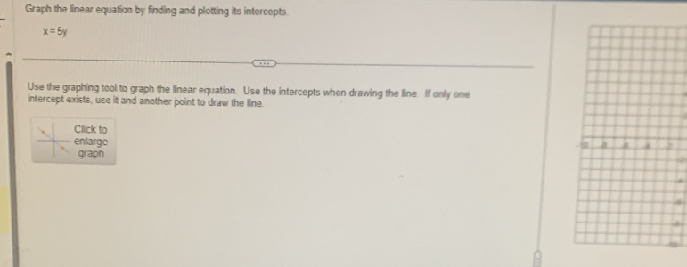 Graph the linear equation by finding and plotting its intercepts.
x=5y
Use the graphing tool to graph the linear equation. Use the intercepts when drawing the line. If only one 
intercept exists, use it and another point to draw the line. 
Click to 
enlarge 
graph