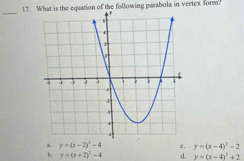 What is the equation of the following parabola in vertex form.
_
a. y=(x-2)^2-4 c. y=(x-4)^2-2
b. y=(x+2)^2-4 d. y=(x-4)^2+2