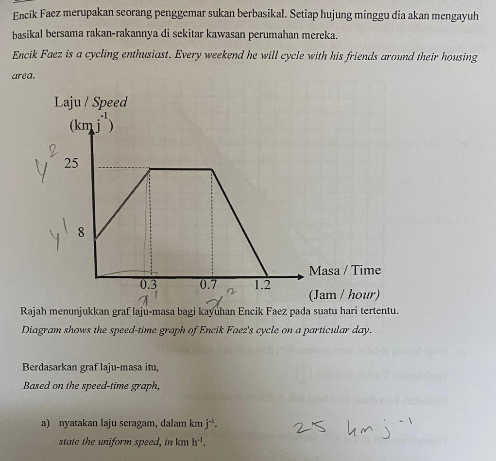 Encik Faez merupakan seorang penggemar sukan berbasikal. Setiap hujung minggu dia akan mengayuh 
basikal bersama rakan-rakannya di sekitar kawasan perumahan mereka. 
Encik Faez is a cycling enthusiast. Every weekend he will cycle with his friends around their housing 
area. 
Rajah menunjukkan graf laju-masa bagi kayuhan Encik Faez pada suatu hari tertentu. 
Diagram shows the speed-time graph of Encik Faez's cycle on a particular day. 
Berdasarkan graf laju-masa itu, 
Based on the speed-time graph, 
a) nyatakan laju seragam, dalam km j^(-1). 
state the uniform speed, in km h^(-1).