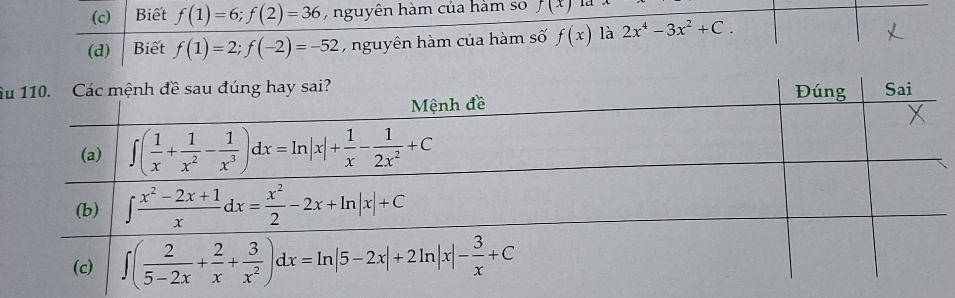 Biết f(1)=6;f(2)=36 , nguyên hàm của hàm so f(x) ld
(d) Biết f(1)=2;f(-2)=-52 , nguyên hàm của hàm số f(x) là 2x^4-3x^2+C.
Ấu