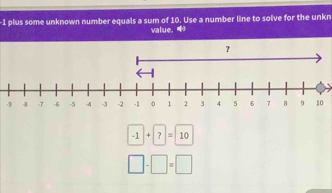 -1 plus some unknown number equals a sum of 10. Use a number line to solve for the unkn 
value.
-1+ ?= 10
□ -□ =□