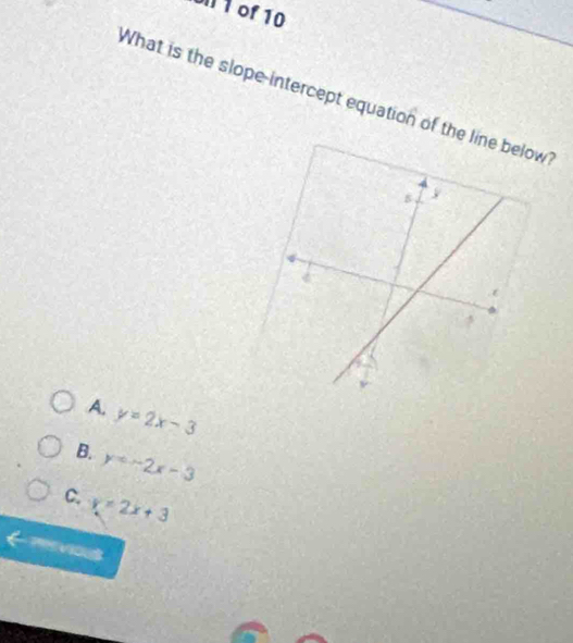 UIl 1 of 10
What is the slope-intercept equation of the low
A. y=2x-3
B. y=-2x-3
C. y=2x+3
?VOU