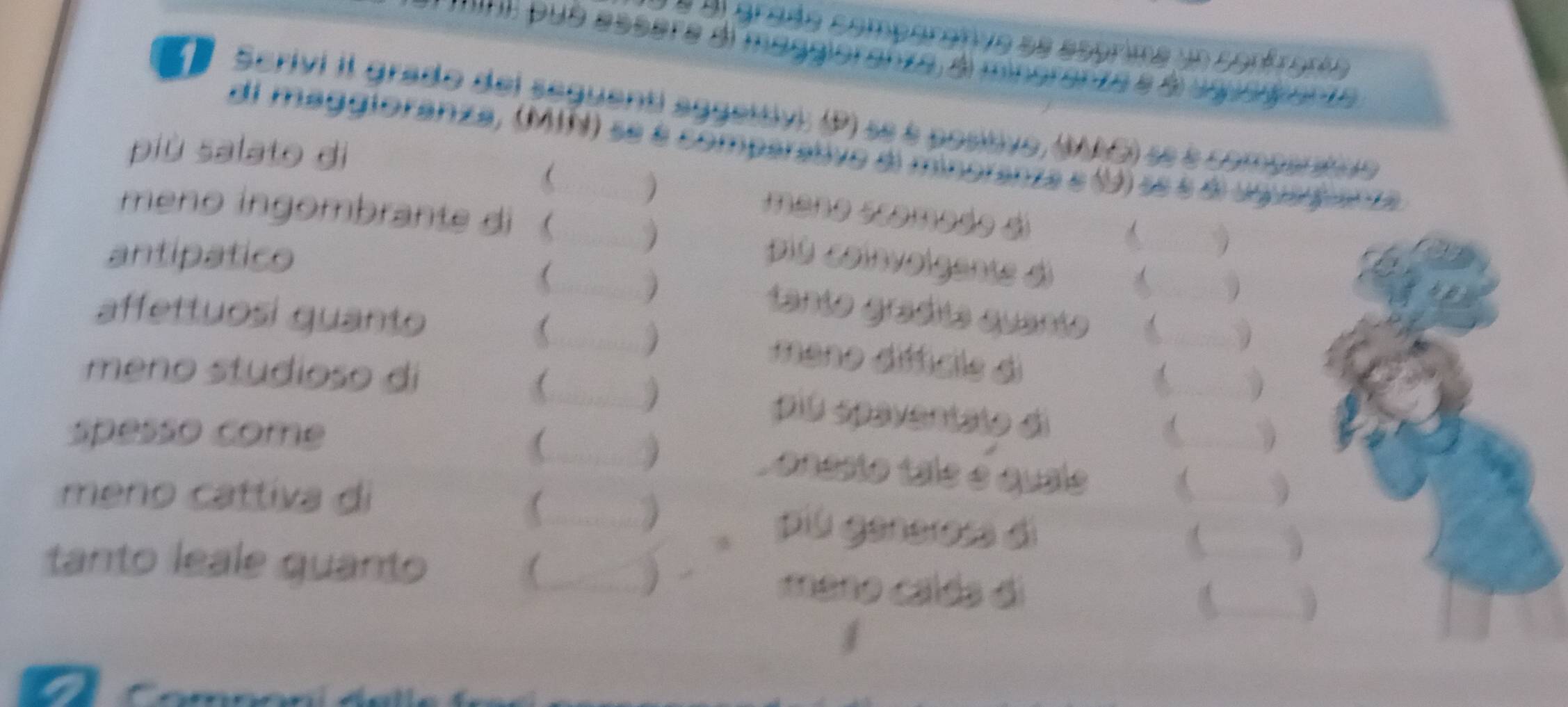 a al grado comparanvo se 
*I*: pub essere dl maggioranza, àl minoranza e àl squagianze 
1 Scrivi II grado del seguenti aggeitivi: (P) se é posítivo, (MAC) se é comparativo 
più salato di 
di maggioranza, (MIN) se é comparativo di minoranza e (U) se à di uguagianza 
 
) 
meno ingombrante di  
mano scamado di 
antipatico pió coinvolgente di A 
( 
) 
ianto graéiia quanto 
 
affettuosi quanto mano diffícle d 
1 
meno studioso di fiú epaventato di 
 
A 
spesso come Lonssto taís é quais A 
meno cattiva di 
 
piú geneross dì 
tanto leale quanto ( mano calds di