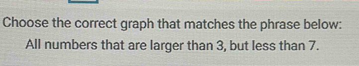 Choose the correct graph that matches the phrase below: 
All numbers that are larger than 3, but less than 7.