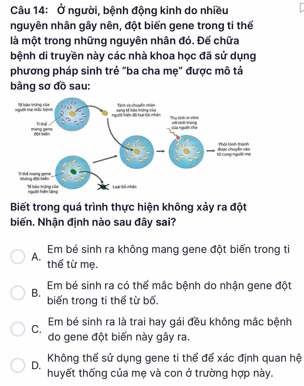 Ở người, bệnh động kinh do nhiều
nguyên nhân gây nên, đột biến gene trong ti thể
là một trong những nguyên nhân đó. Để chữa
bệnh di truyền này các nhà khoa học đã sử dụng
phương pháp sinh trẻ “ba cha mẹ” được mô tả
bằng sơ đồ sau:
Biết trong quá trình thực hiện không xảy ra đột
biến. Nhận định nào sau đây sai?
Em bé sinh ra không mang gene đột biến trong ti
A.
thể từ mẹ.
Em bé sinh ra có thể mắc bệnh do nhận gene đột
B.
biến trong ti thể từ bố.
Em bé sinh ra là trai hay gái đều không mắc bệnh
C.
do gene đột biến này gây ra.
Không thể sử dụng gene ti thể để xác định quan hệ
D.
huyết thống của mẹ và con ở trường hợp này.