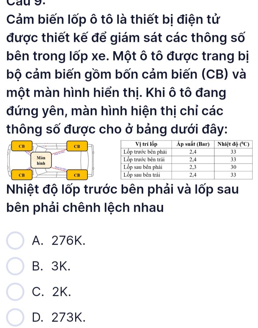 Cau s.
Cảm biến lốp ô tô là thiết bị điện tử
được thiết kế để giám sát các thông số
bên trong lốp xe. Một ô tô được trang bị
bộ cảm biến gồm bốn cảm biến (CB) và
một màn hình hiển thị. Khi ô tô đang
đứng yên, màn hình hiện thị chỉ các
thông số được cho ở bảng dưới đây:
Nhiệt độ lốp trước bên phải và lốp sau
bên phải chênh lệch nhau
A. 276K.
B. 3K.
C. 2K.
D. 273K.