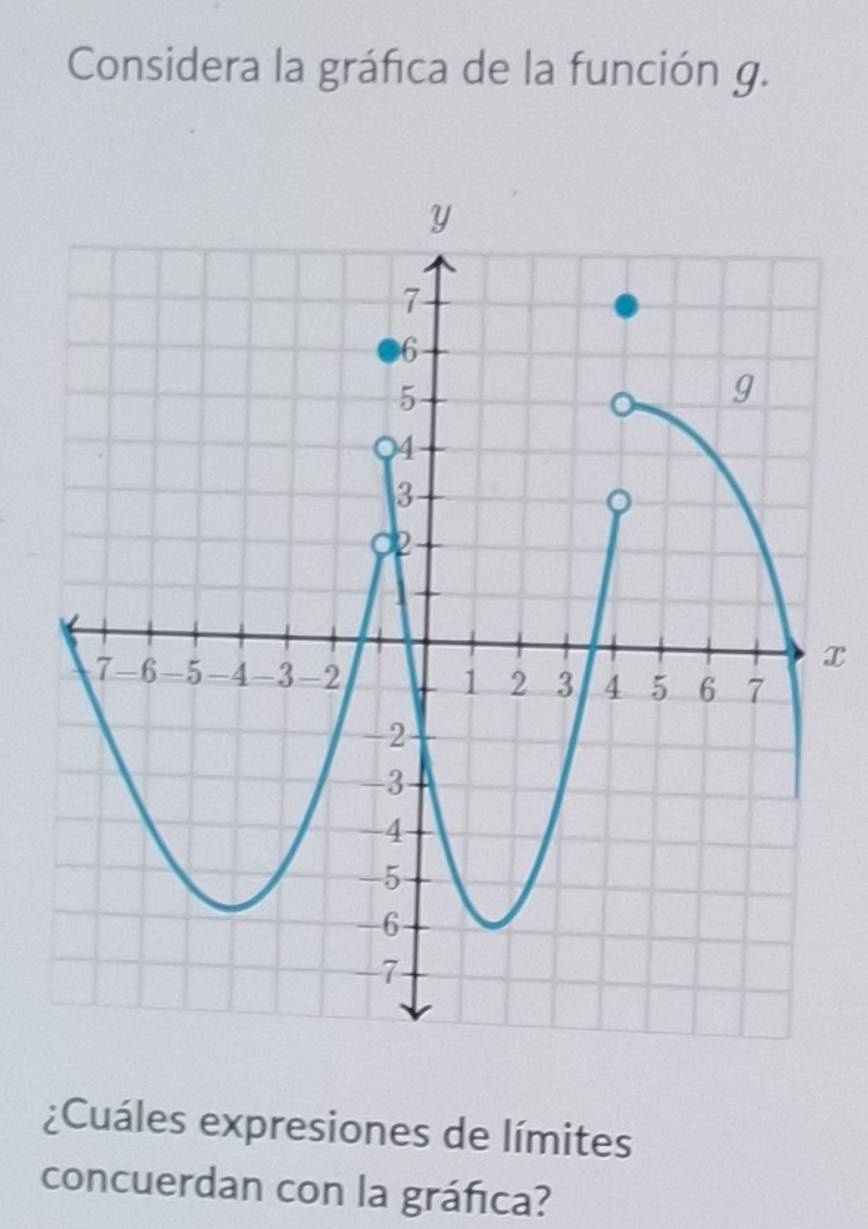 Considera la gráfica de la función g.
x
¿Cuáles expresiones de límites 
concuerdan con la gráfica?