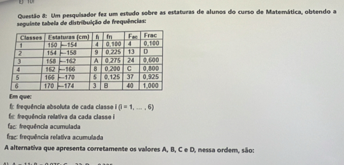 Um pesquisador fez um estudo sobre as estaturas de alunos do curso de Matemática, obtendo a 
seguinte tabela de distribuição de frequências: 
Em que: 
f frequência absoluta de cada classe i(i=1,...,6)
fr: frequência relativa da cada classe i 
fac: frequência acumulada 
frac: frequência relativa acumulada 
A alternativa que apresenta corretamente os valores A, B, C e D, nessa ordem, são: