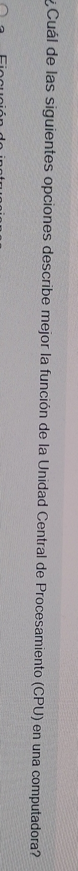 Cuál de las siguientes opciones describe mejor la función de la Unidad Central de Procesamiento (CPU) en una computadora?