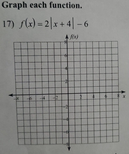 Graph each function.
17) f(x)=2|x+4|-6
x