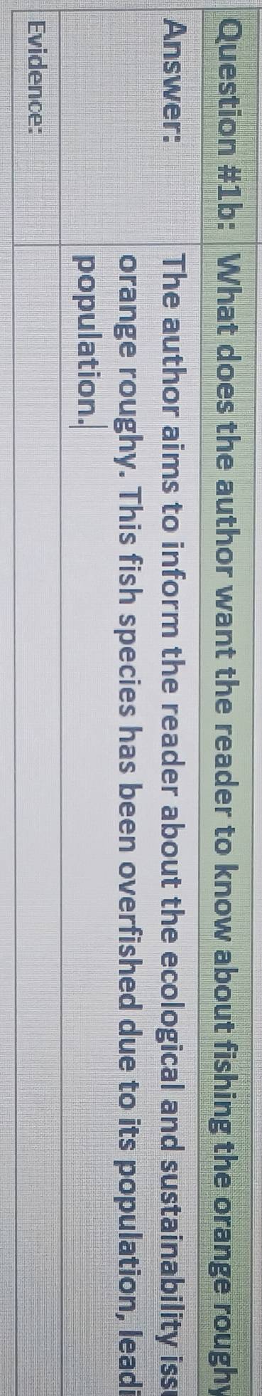 Question #1b: What does the author want the reader to know about fishing the orange roughy 
Answer: The author aims to inform the reader about the ecological and sustainability iss 
orange roughy. This fish species has been overfished due to its population, leadi 
population. 
Evidence: