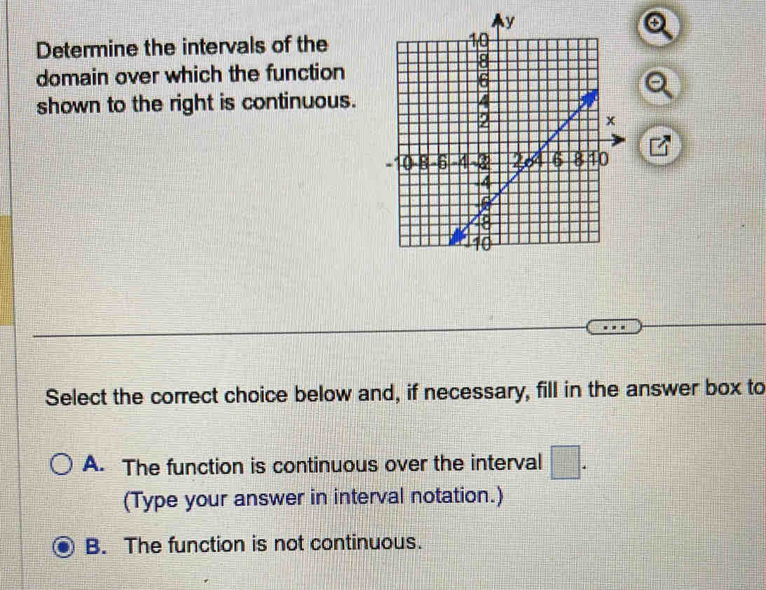 Determine the intervals of the
domain over which the function
shown to the right is continuous.
Select the correct choice below and, if necessary, fill in the answer box to
A. The function is continuous over the interval □. 
(Type your answer in interval notation.)
B. The function is not continuous.