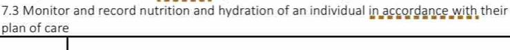 7.3 Monitor and record nutrition and hydration of an individual in accordance with their 
plan of care