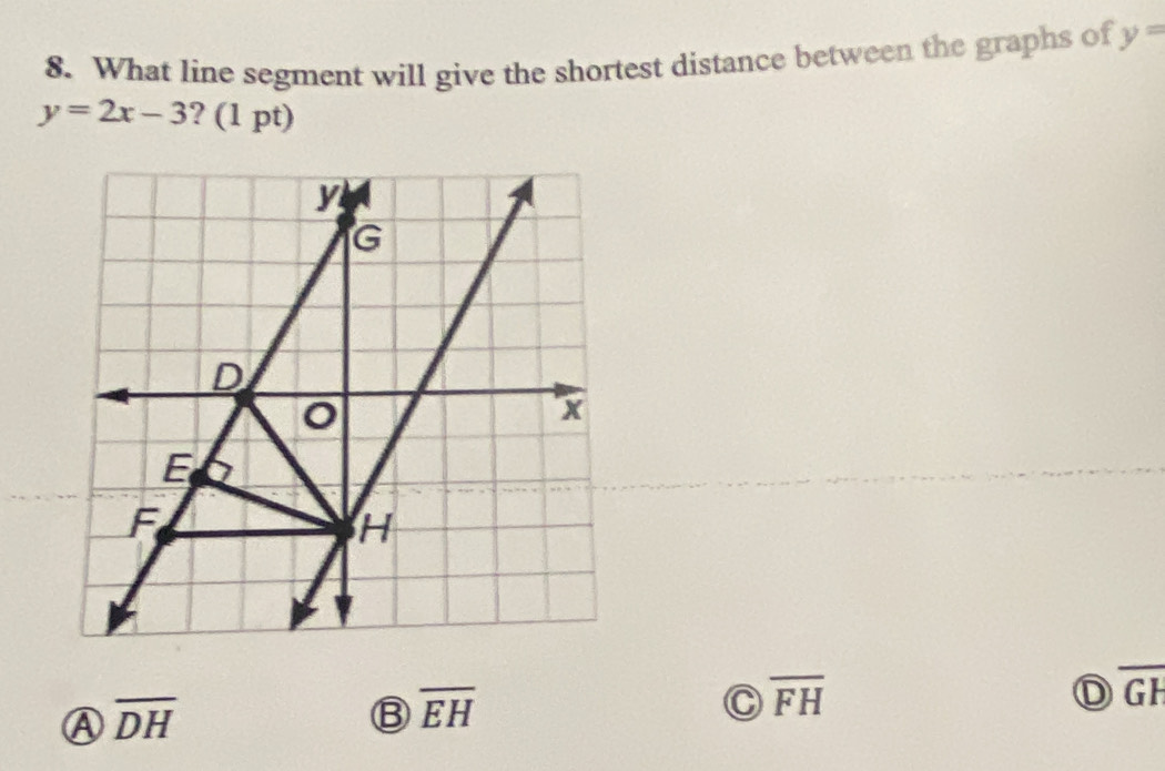 What line segment will give the shortest distance between the graphs of y=
y=2x-3 ? (1 pt)
D overline GF
overline DH
B overline EH
C overline FH