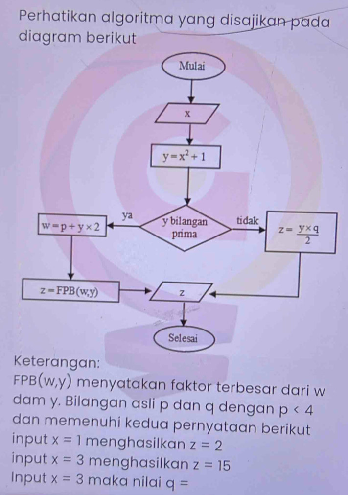 Perhatikan algoritma yang disajikan pada
diagram berikut
FPB(w,y) menyatakan faktor terbesar dari w
dam y. Bilangan asli p dan q dengan p<4</tex>
dan memenuhi kedua pernyataan berikut
input x=1 menghasilkan z=2
input x=3 menghasilkan z=15
Input x=3 maka nilai q=