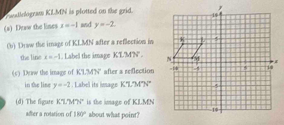 Parallelogram KLMN is plotted on the grid. 
(a) Draw the lines x=-1 and y=-2, 
(b) Draw the image of KLMN after a reflection in 
the line x=-1. Label the image K'L'MN ' . 
(c) Draw the image of KLMN' after a reflection 
in the line y=-2. Label its image K''L''M''N''
(d) The figure K'L''M''N' ' is the image of KLMN
after a rotation of 180° about what point?