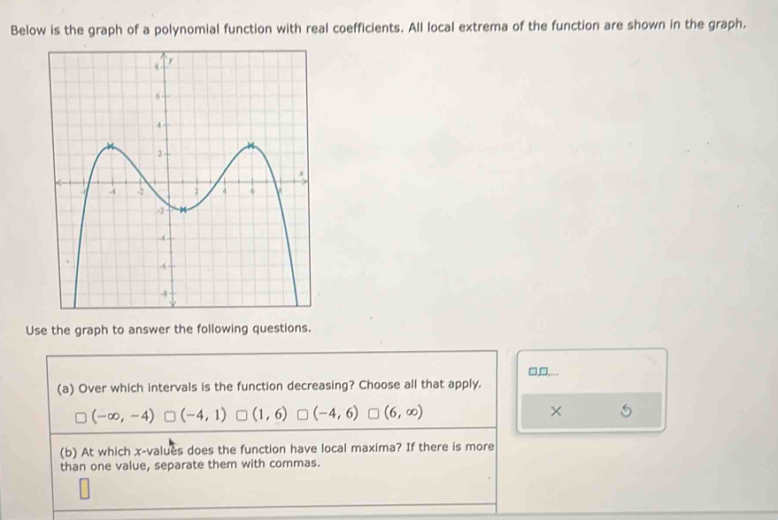 Below is the graph of a polynomial function with real coefficients. All local extrema of the function are shown in the graph.
Use the graph to answer the following questions.
□,□,...
(a) Over which intervals is the function decreasing? Choose all that apply.
(-∈fty ,-4) (-4,1) (1,6) (-4,6) (6,∈fty ) ×
(b) At which x -values does the function have local maxima? If there is more
than one value, separate them with commas.