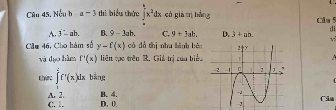 Nếu b-a=3 thì biểu thức ∈tlimits _a^(bx^2)dx có giá trị bằng
Câu 5
di
A. 3-ab. B. 9-3ab. C. 9+3ab. D. 3+ab. 
và
Câu 46. Cho hàm số y=f(x) có đồ thị như hình bên
và đạo hàm f'(x) liên tục trên R. Giá trị của biểu
thức ∈tlimits _1^2f'(x)dx bằng
A. 2. B. 4. 
Câu
C. 1. D. 0.