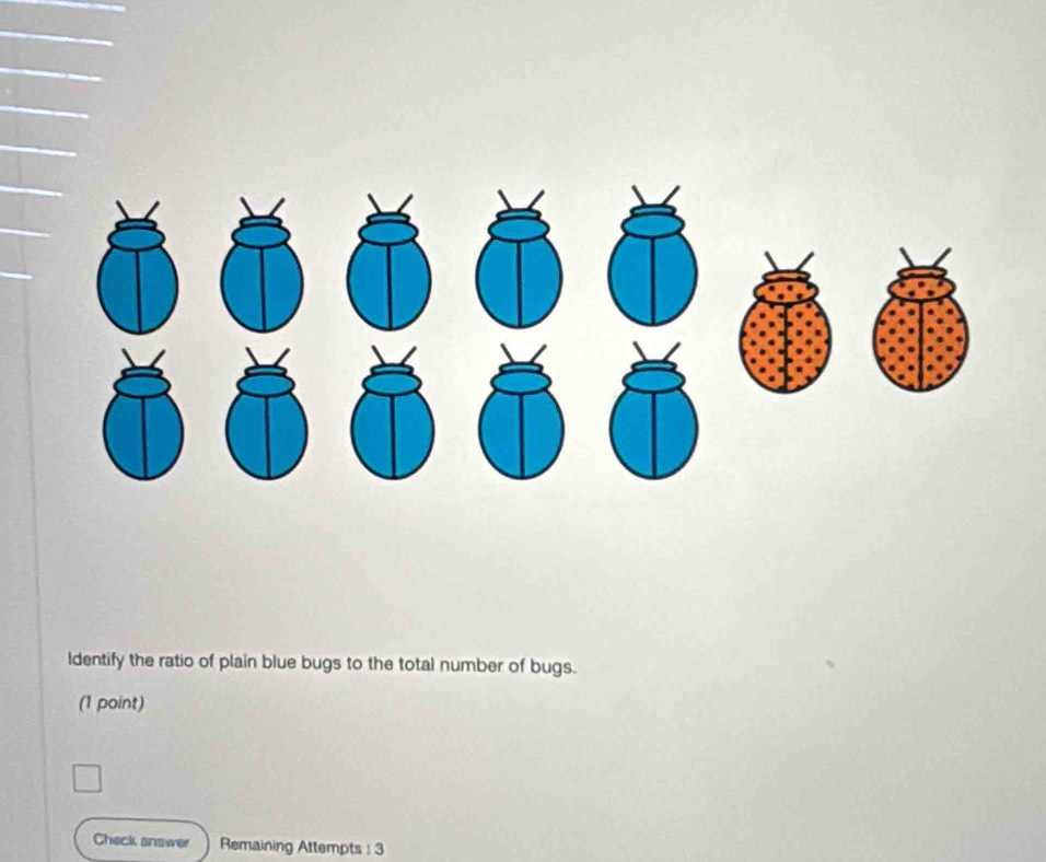 ldentify the ratio of plain blue bugs to the total number of bugs. 
(1 point) 
Check answer Remaining Attempts : 3