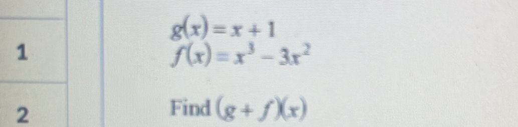 g(x)=x+1
f(x)=x^3-3x^2
Find (g+f)(x)