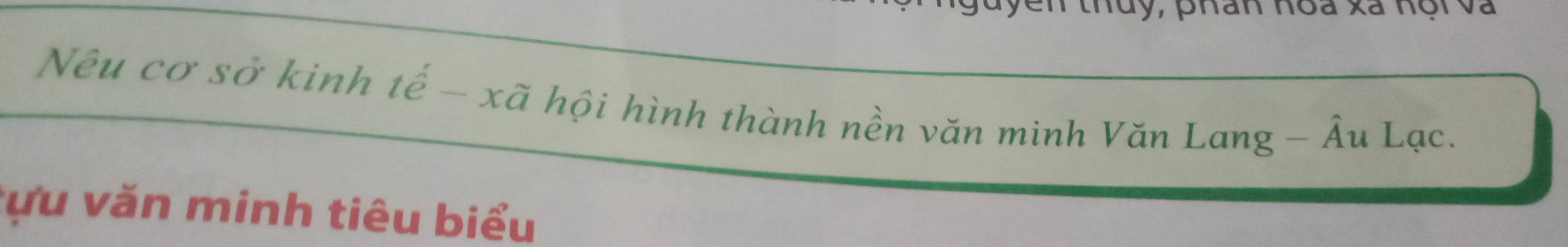 thuy, phân hoa xã nội và 
Nêu cơ sở kinh tế - xã hội hình thành nền văn minh Văn Lang - Âu Lạc. 
Tựu văn minh tiêu biểu