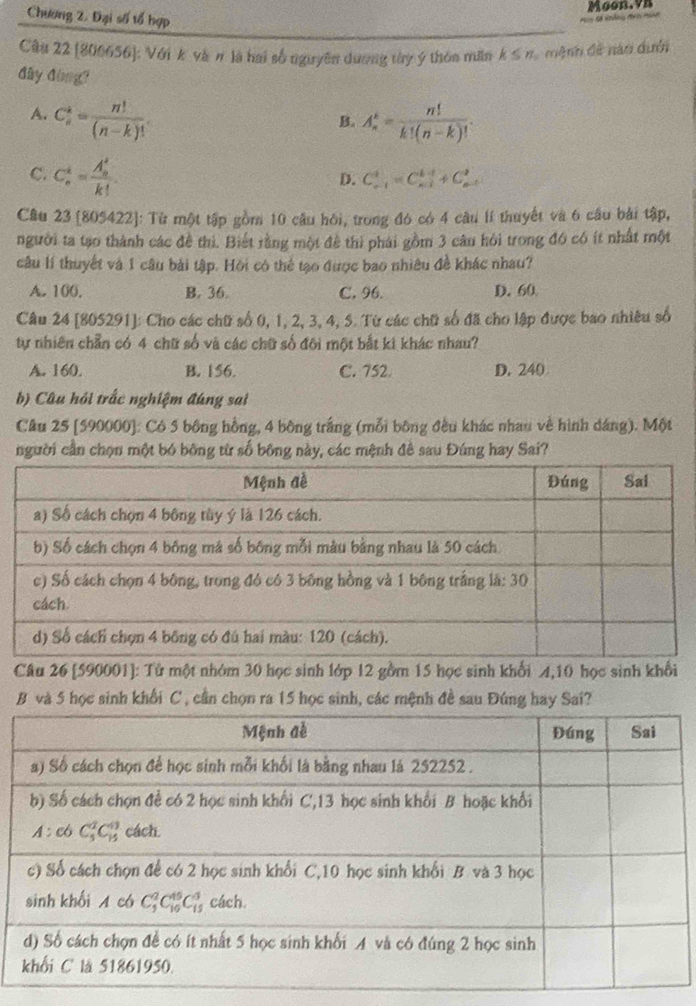 Moon.vn
Chương 2. Đại số tổ hợp
S   n Bộ háng tn nin
Câu 22 [800656]: Với k và # là hai số nguyên dương tây ý thóa mãn k≤ n mệnh đề nào dưới
đây đòng?
A. C_n^(k=frac n!)(n-k)!.
B. A_n^(k=frac n!)k!(n-k)!.
C. C_n^(k=frac (A_n)^k)k!.
D. C_(n-1)^4=C_(n-1)^(k-1)+C_(n-1)^2
Câu 23 [805422]: Từ một tập gồm 10 câu hồi, trong đó có 4 câu lí thuyết và 6 cầu bài tập,
người ta tạo thành các đề thì. Biết rằng một đề thì phái gồm 3 cân hỏi trong đó có ít nhất một
câu lí thuyết và 1 câu bài tập. Hỏi có thể tạo được bao nhiêu đề khác nhau?
A. 100. B. 36. C. 96. D. 60
Câu 24 [805291]: Cho các chữ số 0, 1, 2, 3, 4, 5. Từ các chữ số đã cho lập được bao nhiều số
tự nhiên chẵn có 4 chữ số và các chữ số đôi một bắt kì khác nhau?
A. 160. B. 156. C. 752 D. 240
b) Câu hỏi trắc nghiệm đúng sai
Câu 25 [590000]: Có 5 bông hồng, 4 bông trắng (mỗi bông đều khác nhau về hình dáng). Một
người cần chọn một bó bông từ số bông này, các mệnh đề sau Đúng hay Sai?
Câu 26 [590001]: Tử một nhóm 30 học sinh lớp 12 gồm 15 học sinh khổi 4,10 học sinh khổi
B và 5 học sinh khổi C , cần chọn ra 15 học sinh, các mệnh đề sau Đúng hay Saí?