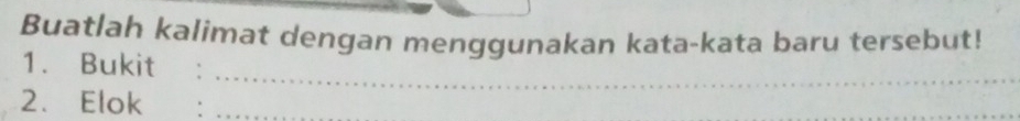 Buatlah kalimat dengan menggunakan kata-kata baru tersebut! 
_ 
1. Bukit 
2. Elok ._ 
_