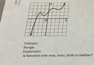 Domain: 
Range: 
Codomain: 
Is function one-one, onto, both or neither?