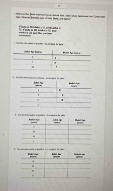 Jake's teodher Bake was tom 5 years tarkre Jucia te's wisker Sarhe was toen 3 peera wher 
Jate. What are boestre agen of Aaria Make, ar Sasha' 
12. if jadia is 20, bilaker is 15, and if jada is 10 blake is 5, and sasha is 
continues sasha is 22 and the pattern 
Lne the infnation in probton t to complete the ltre 
3 Ter the infematon in prdre 1 as conateos th wde 
d Ur 
B. Toe the ieforsctian in parsttces t ao complcts the caldo