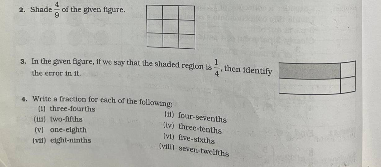 Shade  4/9  of the given figure. 
3. In the given figure, if we say that the shaded region is  1/4  , then identify 
the error in it. 
4. Write a fraction for each of the following: 
(i) three-fourths 
(iii) two-fifths 
(ii) four-sevenths 
(v) one-eighth 
(iv) three-tenths 
(vii) eight-ninths 
(vi) five-sixths 
(viii) seven-twelfths